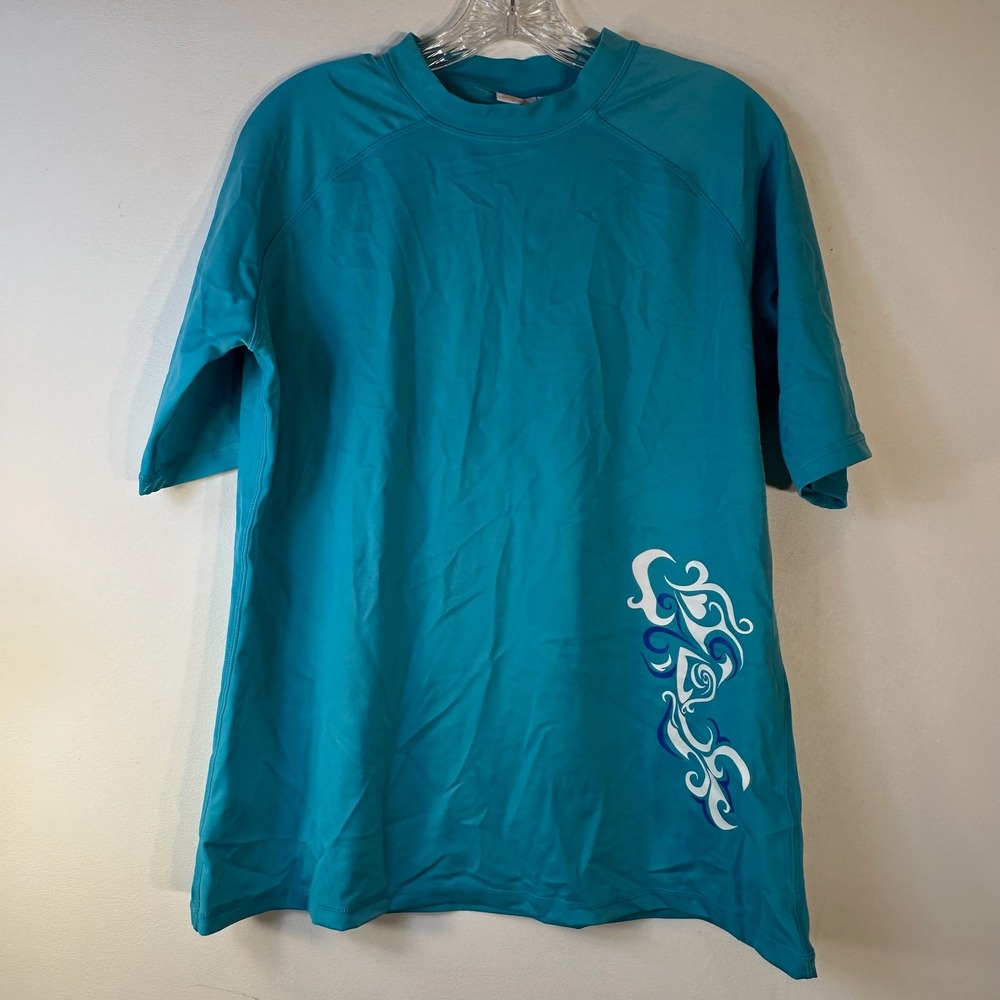 Kanu Surf Mens XL Rash Guard Turquoise Blue‎ Short Sleeve Swirl Swim Shirt